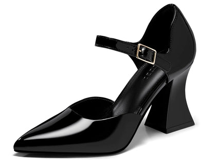 The Coutgo Womens Chunky High Heels Closed Pointed Toe Ankle Strap Pumps Cute Dress Dance Shoes Black Size 11
