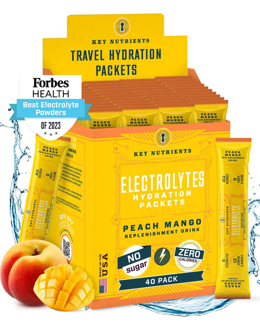 KEY NUTRIENTS Multivitamin Electrolytes Powder Packets - Tropical Peach Mango Post Workout and Recovery 40 Pack Hydration Packets - Travel Hydration Powder - No Sugar No Calories