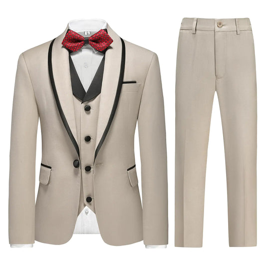 RINFAM Boys Tuxedo Suit Set Slim Fit Sizes 5 Blazer Vest Pants 3 Piece Formal Wedding Outfit for Kids Beige