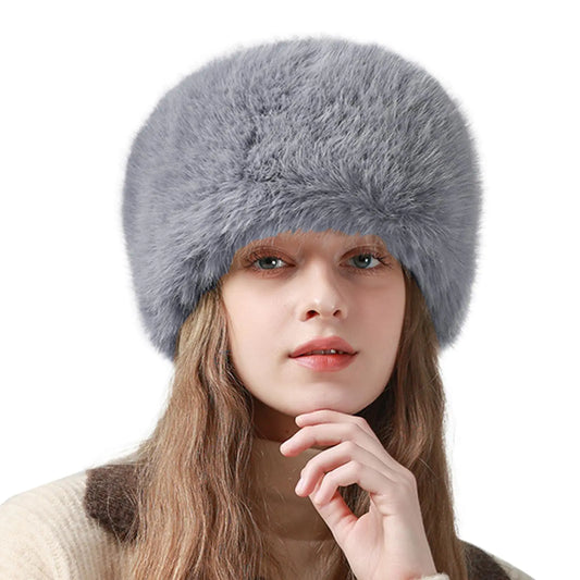 Peicees Winter Faux Fur Hat for Women Girls Cossack Russian Style Hat Ladies Ushanka Fuzzy Furry Hat Warm Fluffy Bucket Hat Grey