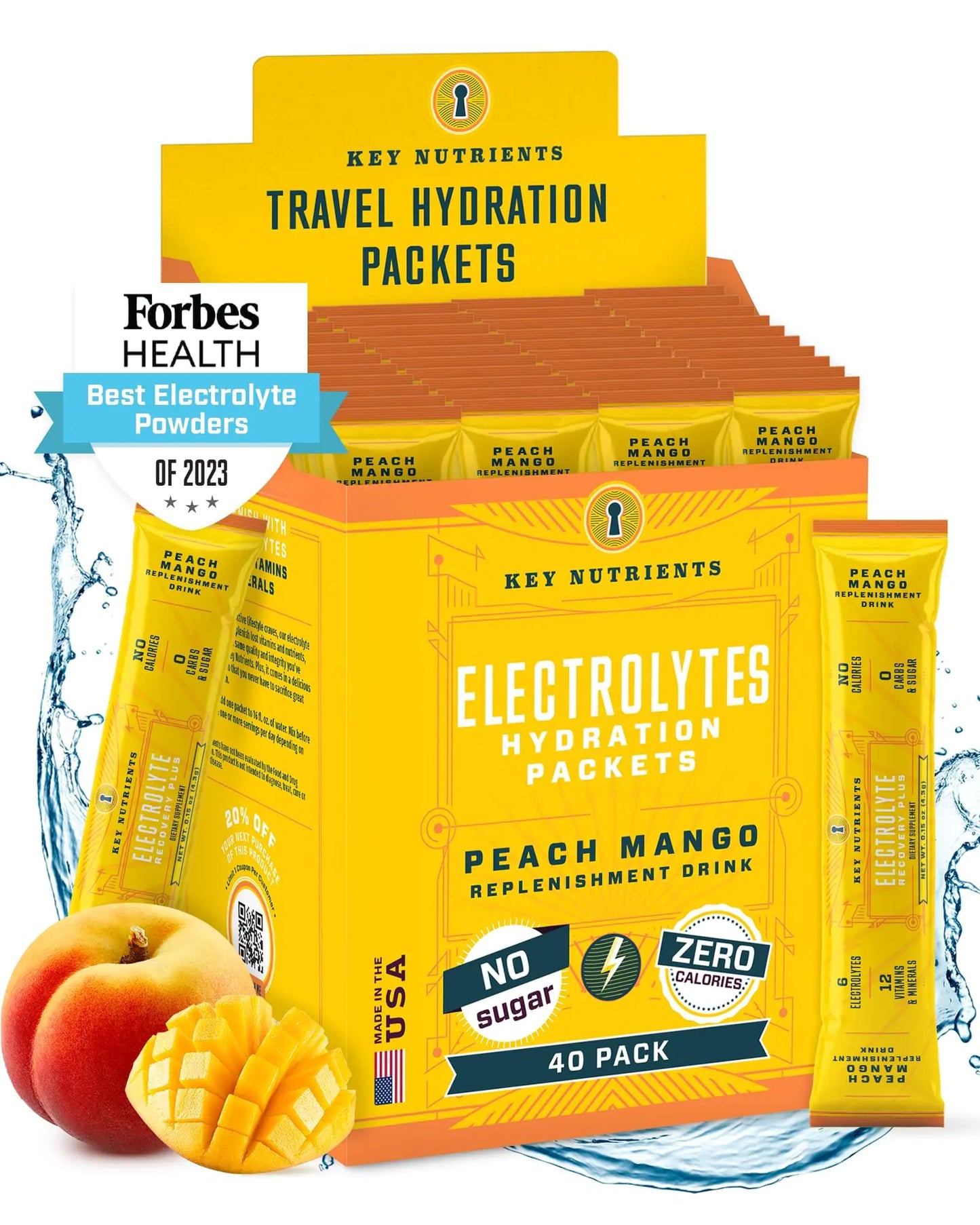 KEY NUTRIENTS Multivitamin Electrolytes Powder Packets - Tropical Peach Mango Post Workout and Recovery 40 Pack Hydration Packets - Travel Hydration Powder - No Sugar No Calories