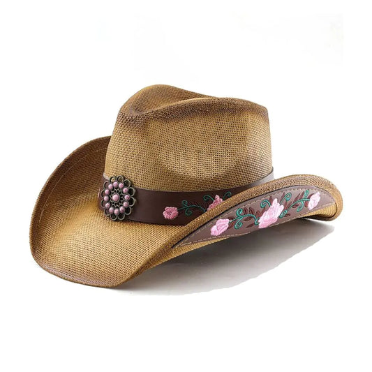 LIDHAY Men Woven Straw Cowboy Cowgirl Hat New Western Style Classic Cowboy Straw Hat Wide Brim Sun Hat R43 Brown