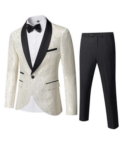 YND Mens 2 Piece Slim Fit Suit Set One Button Shawl Lapel Floral Pattern Party Blazer Jacket Pants with Bow Tie White
