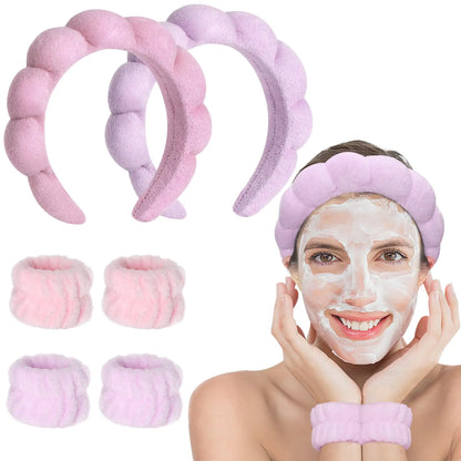 The Cenbellr Spa Headband Set for Face Washing - Makeup Headband Wristband and Terry Cloth Bubble Mask for Womens Skincare (pink-purple)