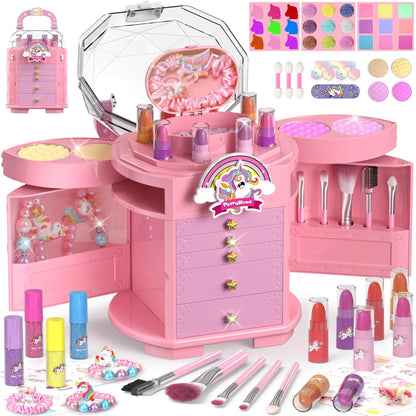 PERRYHOME Kids Makeup Set for Girl 63 Pcs Unicorn Toys for Girls Real Washable Non-Toxic Cosmetic Toddler Make Up Kit Unicorn Toys Princess Dress up Christmas & Birthday Girl Gifts for 3-12(Pink)