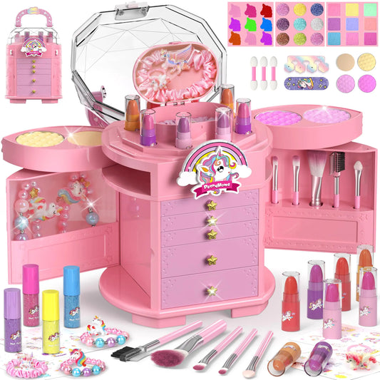 PERRYHOME Kids Makeup Set for Girl 63 Pcs Unicorn Toys for Girls Real Washable Non-Toxic Cosmetic Toddler Make Up Kit Unicorn Toys Princess Dress up Christmas & Birthday Girl Gifts for 3-12(Pink)