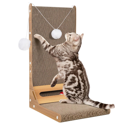 PLITTPETTS L Shape Cat Scratcher for Indoor Cats Vertical Cat Scratch Pad with 3 Ball Toys Protecting Furniture Cat Scratching Board Large Cat Scratching Cardboard