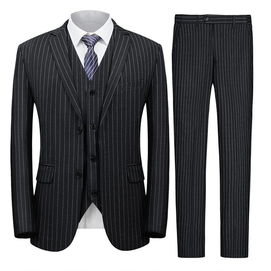 MAGE MALE Mens Pinstripe 3 Piece Suit Slim Fit Elegant Single Breasted Business Wedding Party Blazer Vest& Pants Set