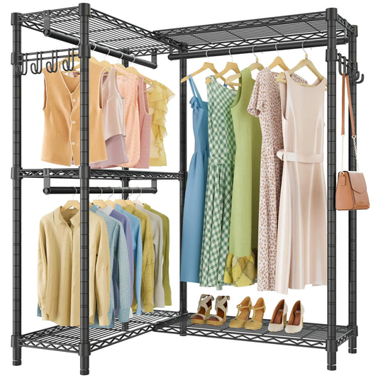 VIPEK L4 Garment Rack L Shaped Clothes Rack for Corner Freestanding Portable Wardrobe Closet Heavy Duty Clothing Rack with 3 Hanging Rods & 2 Side Hooks 43.3"Lx29.1"Wx76.4"H Max Load 810LBS Black