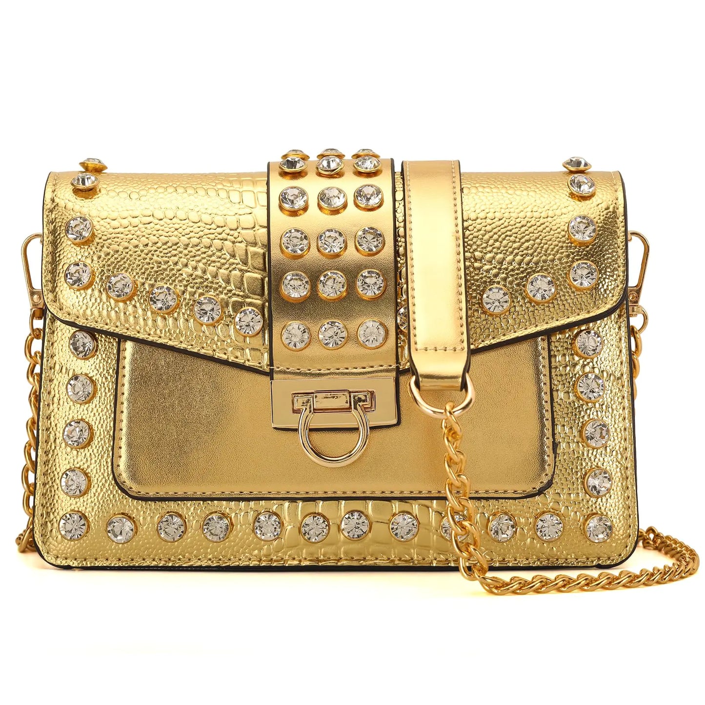 DIUY Purse for Women Trendy Leather Shoulder Bag Chain Ladies Crossbody Bags Vintage Crocodile Print Satchel Handbag for Women Golden