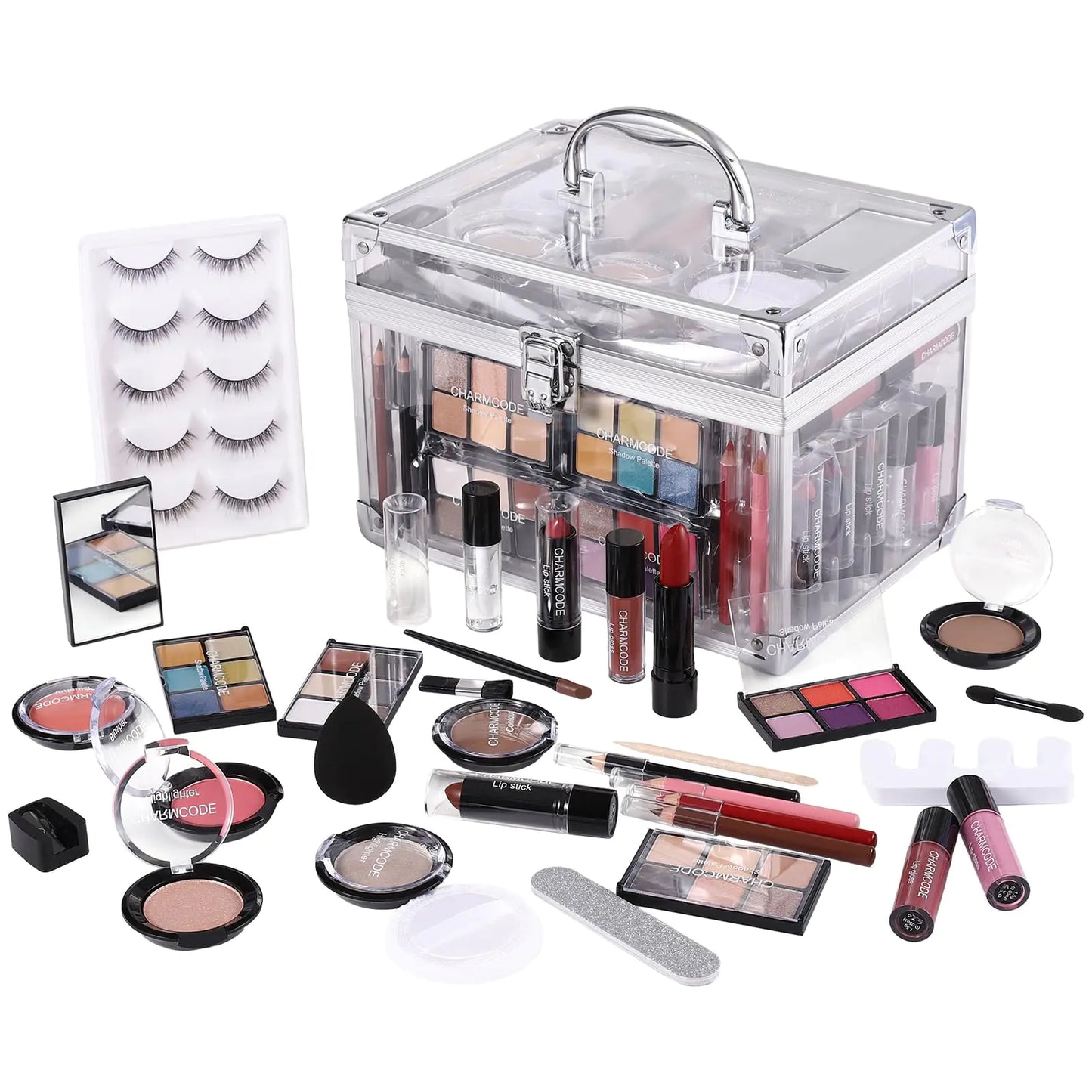 Makeup Kit for Women Full Kit - Eyeshadow Palette Lipsticks Lipgloss Blushes Contour Highlighters Makeup Pencil False Eyelashes Re-usable Train Case Gift Set for Teen Girls Starters Pros