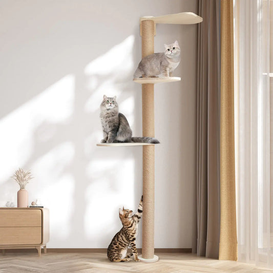Wood Cat Tower Floor to Ceiling Adjustable Tree Tall Cat Scratching Post Cat Tree with 3-Tier Floor for Climb Cat Climbing Tower Vertical with Natural Sisal Rope