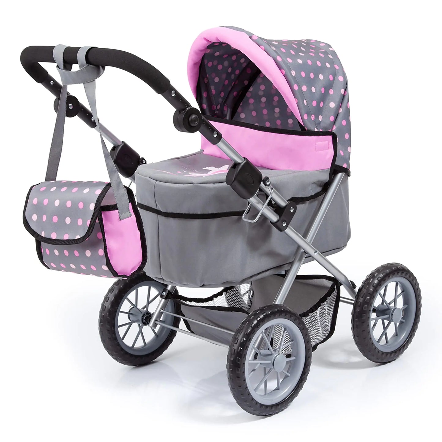 Bayer Design Dolls: Trendy Pram - Grey Pink Dots - Includes Shoulder Bag Fits Dolls Up to 18" Adjustable Handle Kids Pretend Play Shopping Basket Easy to Fold Ages 3+