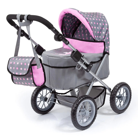 Bayer Design Dolls: Trendy Pram - Grey Pink Dots - Includes Shoulder Bag Fits Dolls Up to 18" Adjustable Handle Kids Pretend Play Shopping Basket Easy to Fold Ages 3+